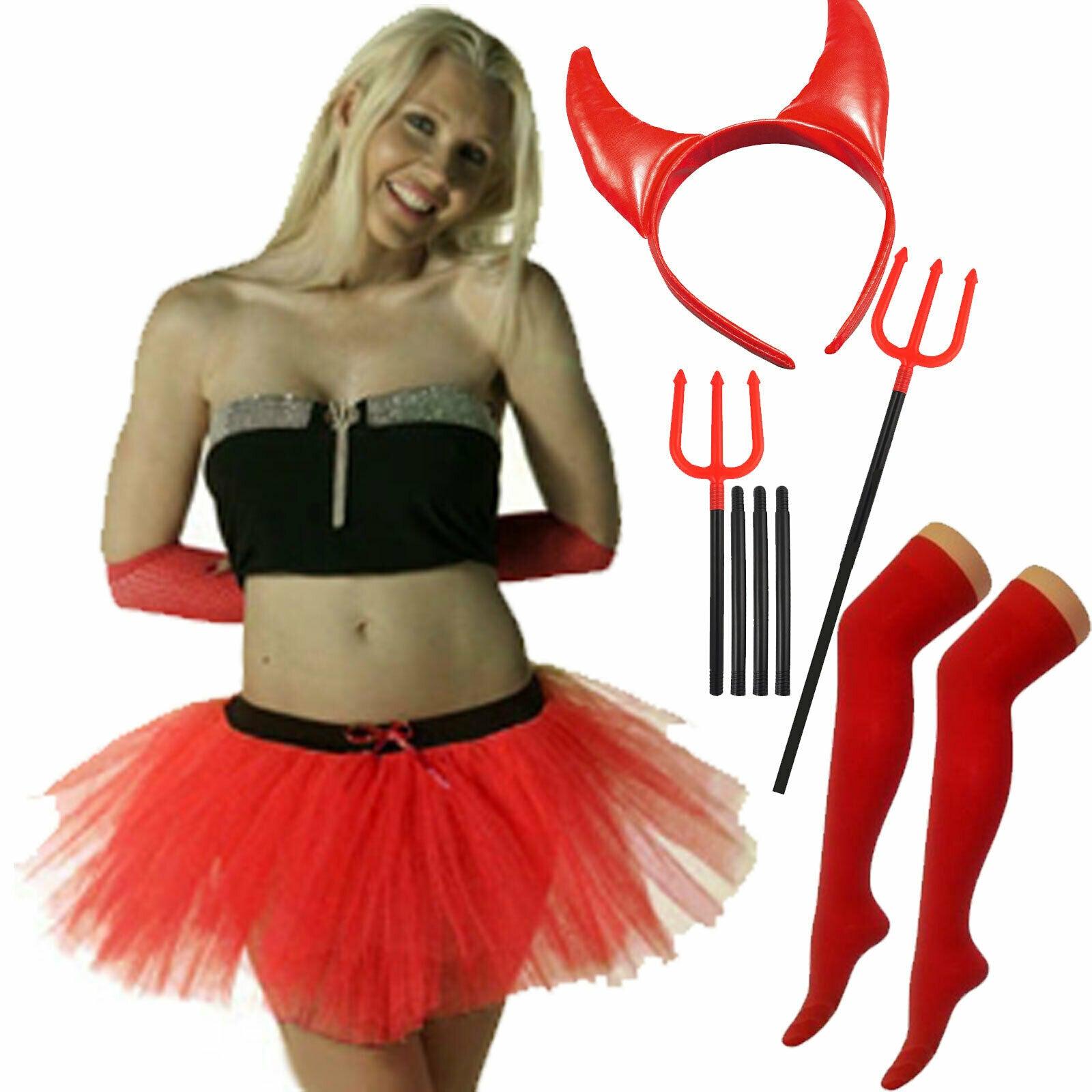 Red Devil Costume Tutu Skirt Socks Fork Horns Headband Halloween Party Kit - Labreeze