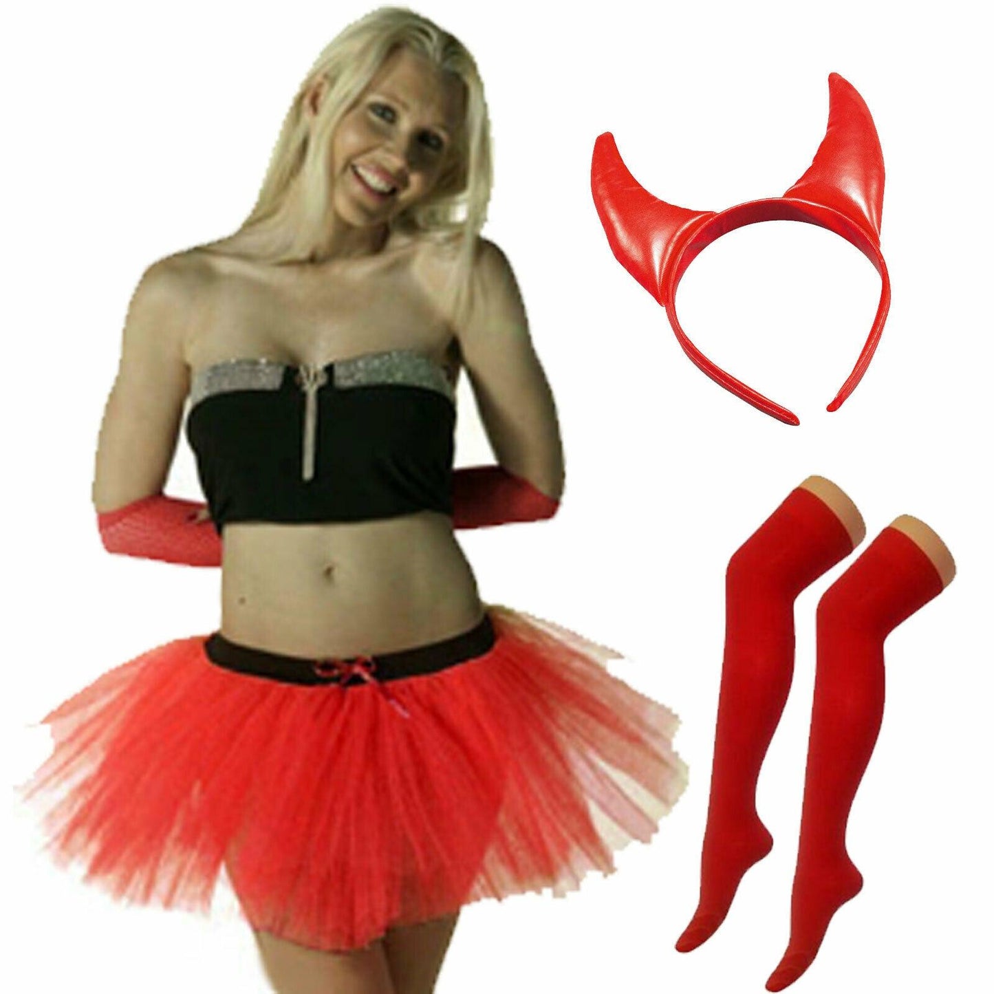 Red Devil Costume Tutu Skirt Socks Horns Headband Halloween Fancy Dress Set - Labreeze
