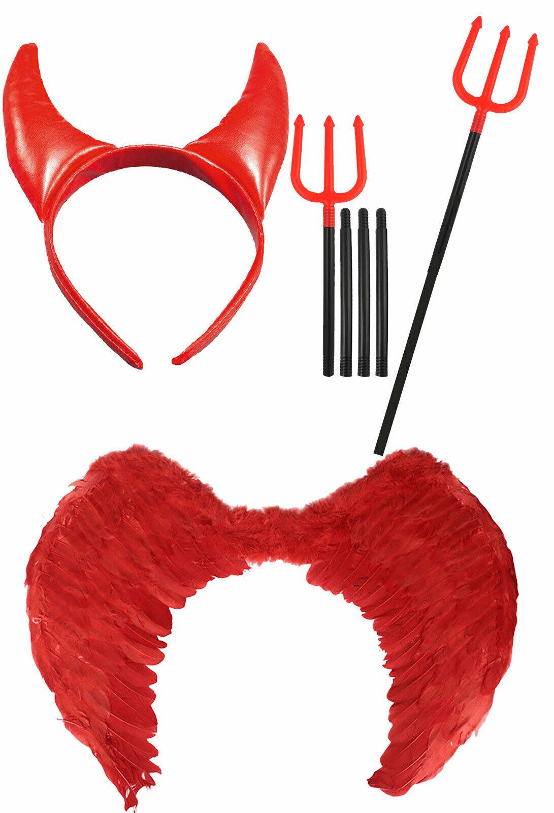 Red Devil Costume Wings Horns Fork Halloween Fancy Dress Party Outfit Kit - Labreeze