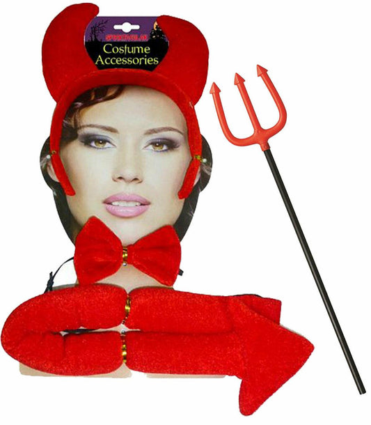 Red Devil Headband Bow Tie Tail Pitch Fork Set Halloween Devil Costume Accessory - Labreeze