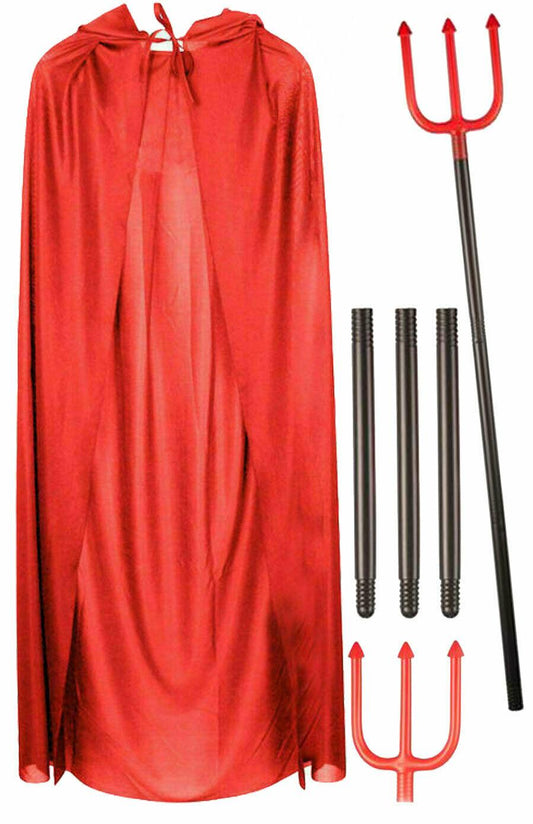 Red Devil Satin Cape W/hood Pitch Fork Trident 100Cm Halloween Party Fancy Dress - Labreeze