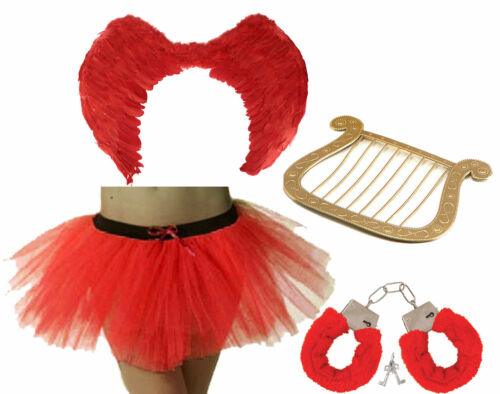 Red Feather Wings Angle Harp Tutu Skirt Fur Handcuffs Valentine Day Fancy Dress - Labreeze