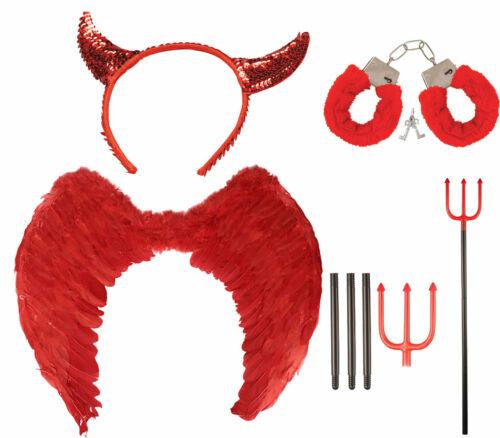 Red Feather Wings Sequin Horns Fork Handcuffs Valentine’s Day Fancy Dress Kit - Labreeze