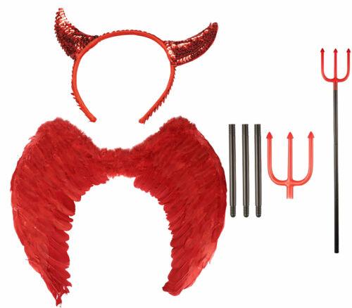 Red Feather Wings Sequin Horns Trident Valentine’s Day Fancy Dress Party Kit - Labreeze