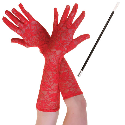 Red Lace Long Gloves with Cigarette Holder Evil Lady Halloween Cosplay Book Week Dress Up Set - Labreeze