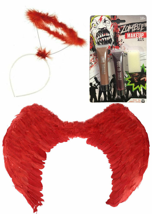 Red Large Feather Wing Angel Halo Zombie Make Up Halloween Party Costume Set - Labreeze