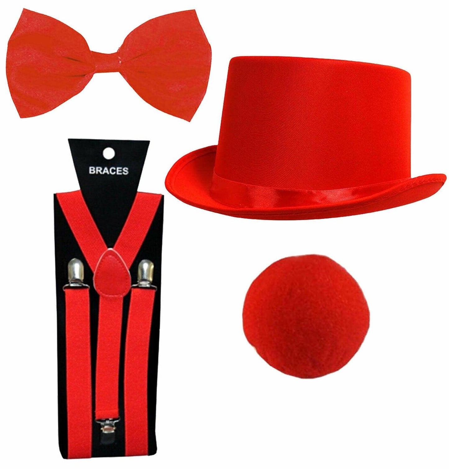 Red Nose Day Satin Top Hat Braces Nose Bow Tie Comic Relief Fancy Dress Set - Labreeze