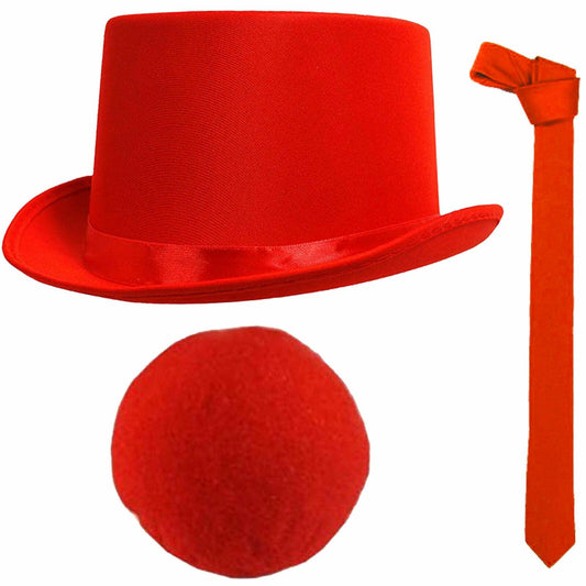 Red Nose Day Satin Top Hat Neck Tie Sponge Nose Comic Relief Fancy Dress Set - Labreeze