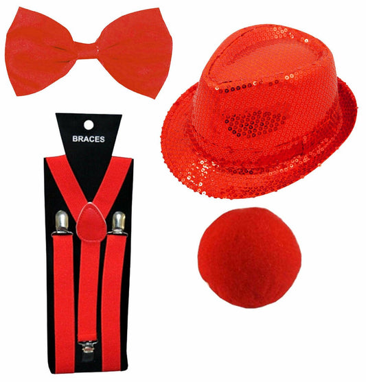 Red Nose Day Sequin Trilby Hat Braces Nose Bow Tie Comic Relief Fancy Dress Set - Labreeze