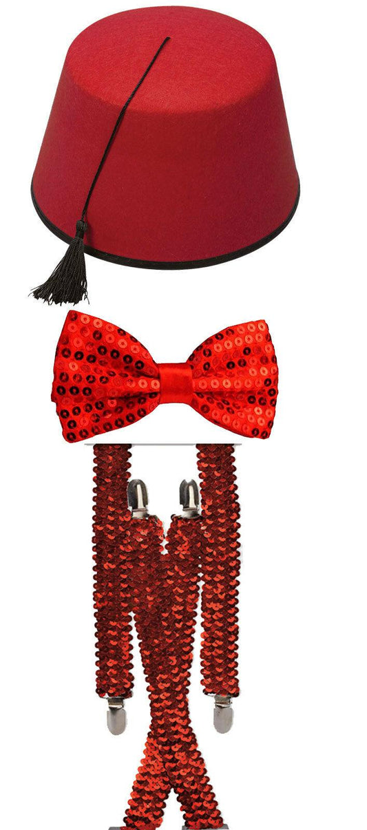 Red Plain Bow Tie Braces Fez Hat Moroccan Turkish Fancy Outfit Set - Labreeze