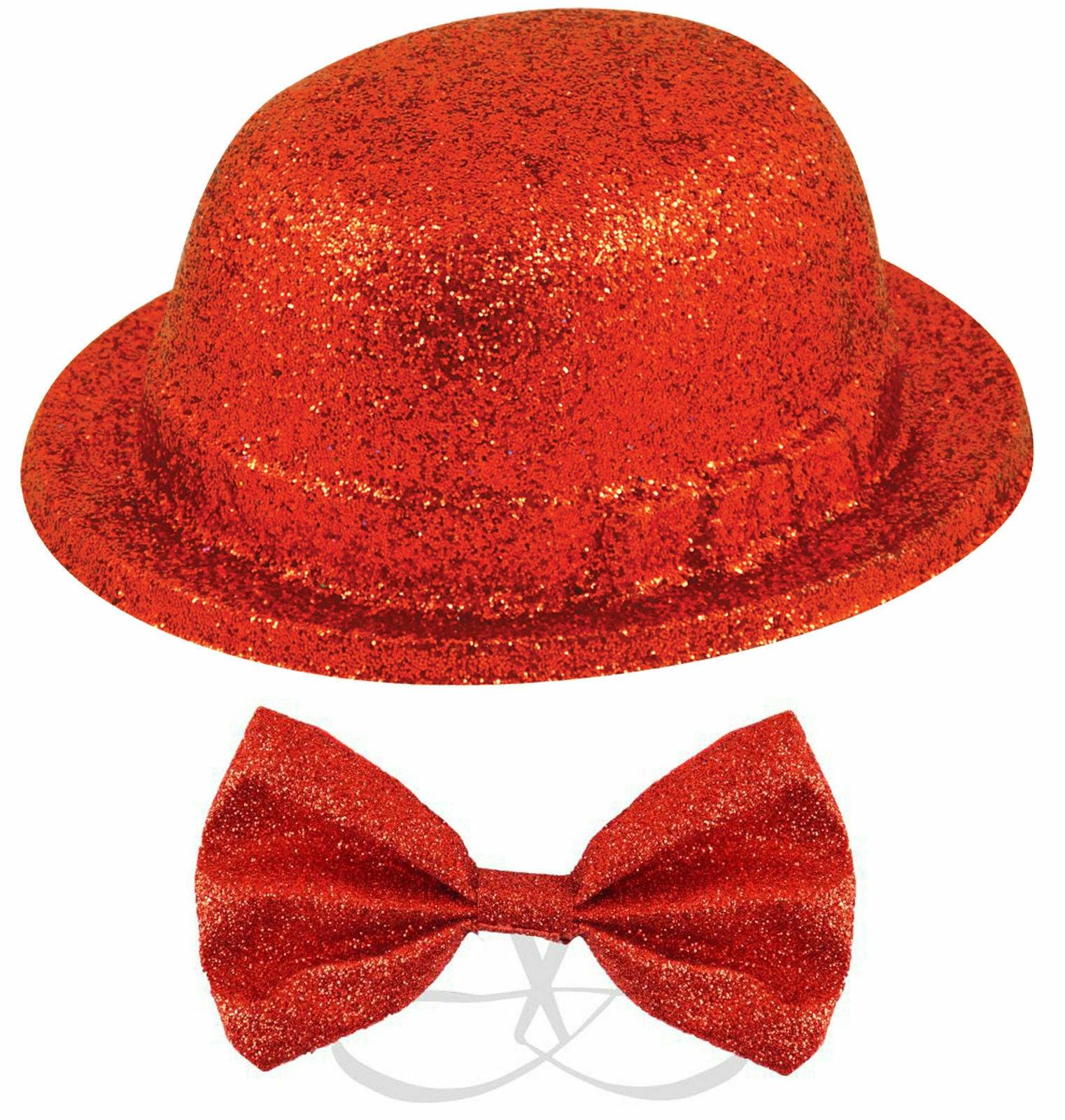 Red Plastic Glitter Bowler Hat & Elasticated Sparkly Bow Tie Fancy Dress 2 Pcs S - Labreeze