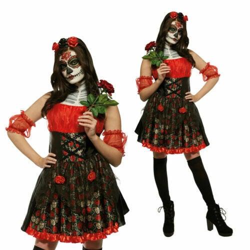 Red Rose Day Of The Dead Costume Ladies Halloween Fancy Dress Outfit - Labreeze