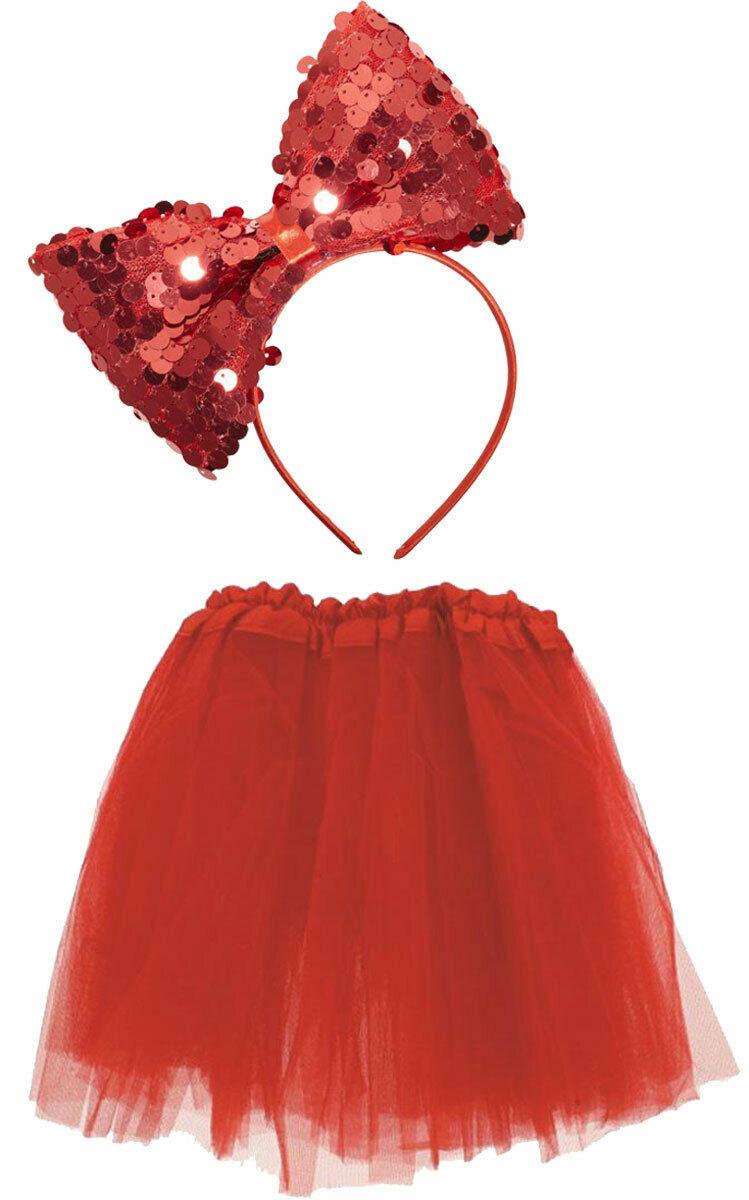 Red Satin Band Tutu Skirt Sequin Bow on Headband Fancy Dress Party Costume - Labreeze