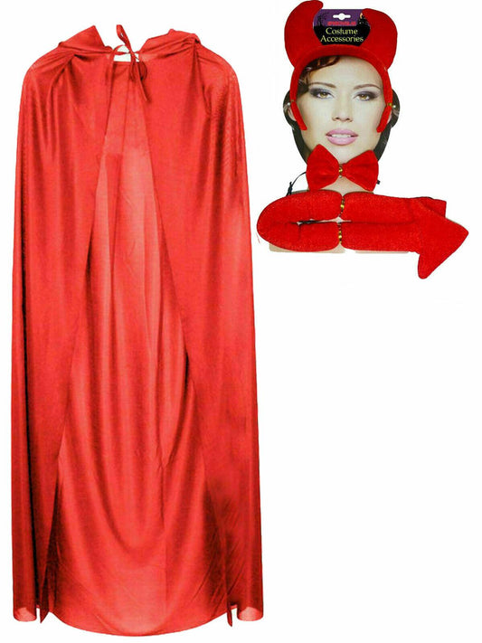 Red Satin Cape W/hood Headband Bow Tie Tail Halloween Devil Fancy Dress Set - Labreeze