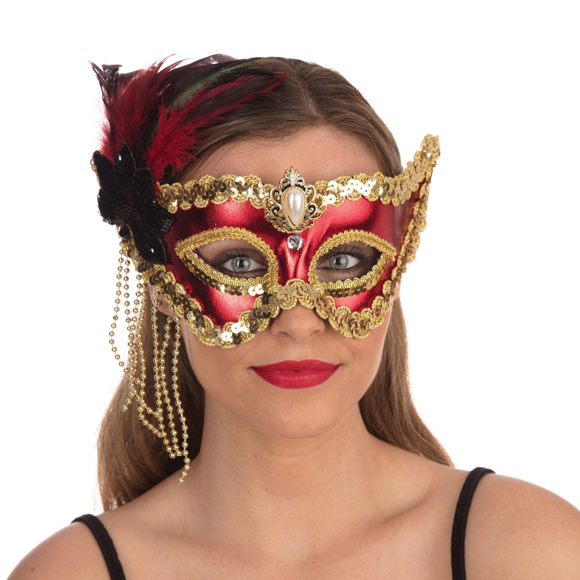 Red Satin Mask with Feathers - Labreeze