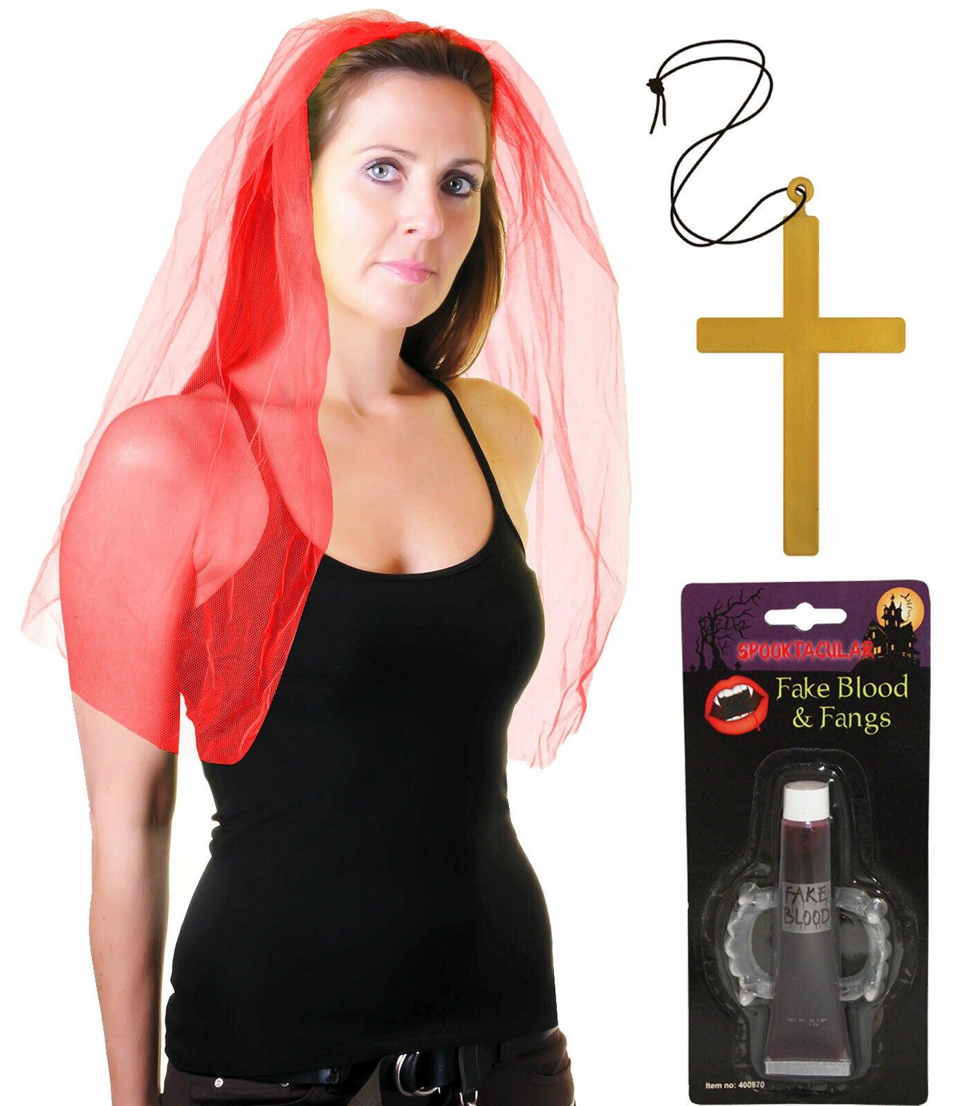 Red Veil on Hair Band Monk Cross GID Fangs Halloween Zombie Bride Fancy Dress - Labreeze