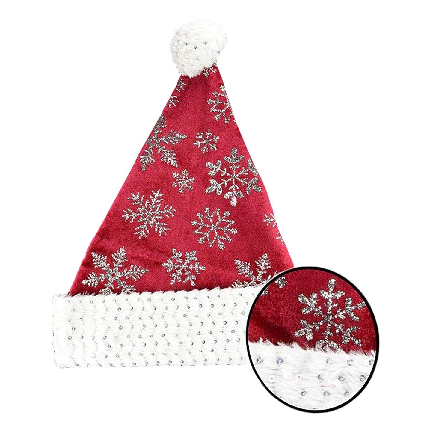 Red Velvet Santa Hat Glitter Snowflake Sequin Faux Fur Trim Bobble Xmas Fancy Dr - Labreeze
