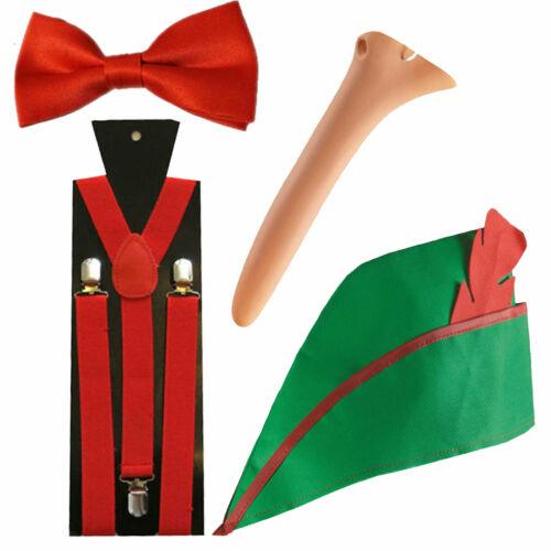 Robin Hood Hat Red Braces Bow Tie Long Nose Pinocchio Fancy Dress Costume Set - Labreeze