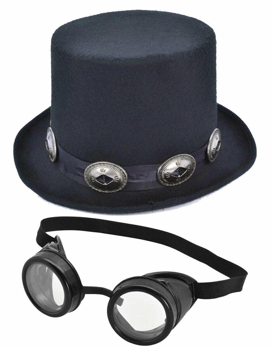 Rocker Black Top Hat + Plastic Goggles Steam Punk Fancy Dress Party Set - Labreeze