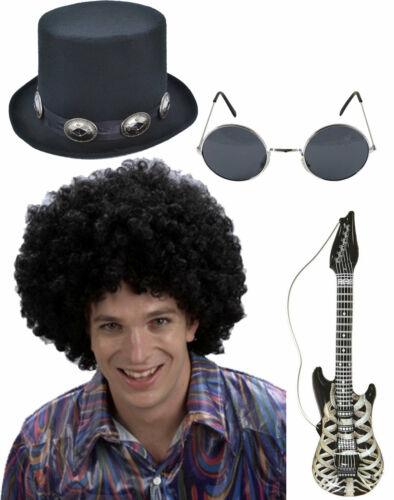 Rocker Hat Black Afro Wig Glasses Inflatable Guitar 1980’s Rocker Fancy Dress - Labreeze