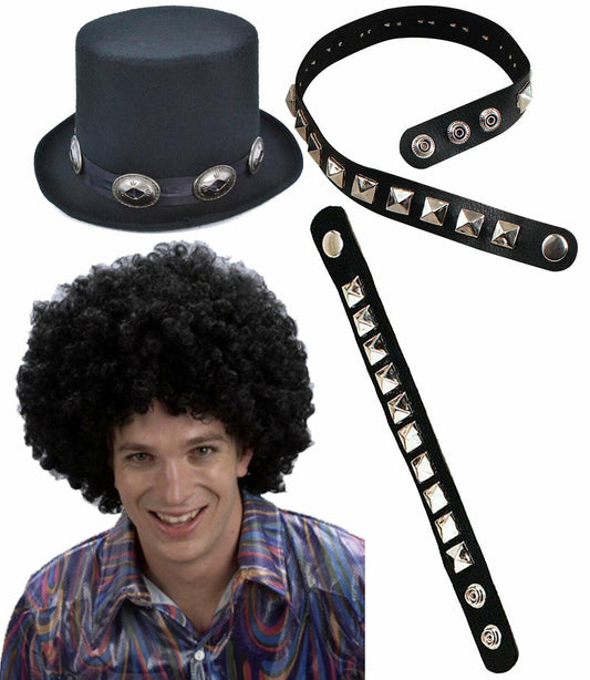 Rocker Hat Black Afro Wig Studded Choker Bracelet Punk Rocker Fancy Dress - Labreeze