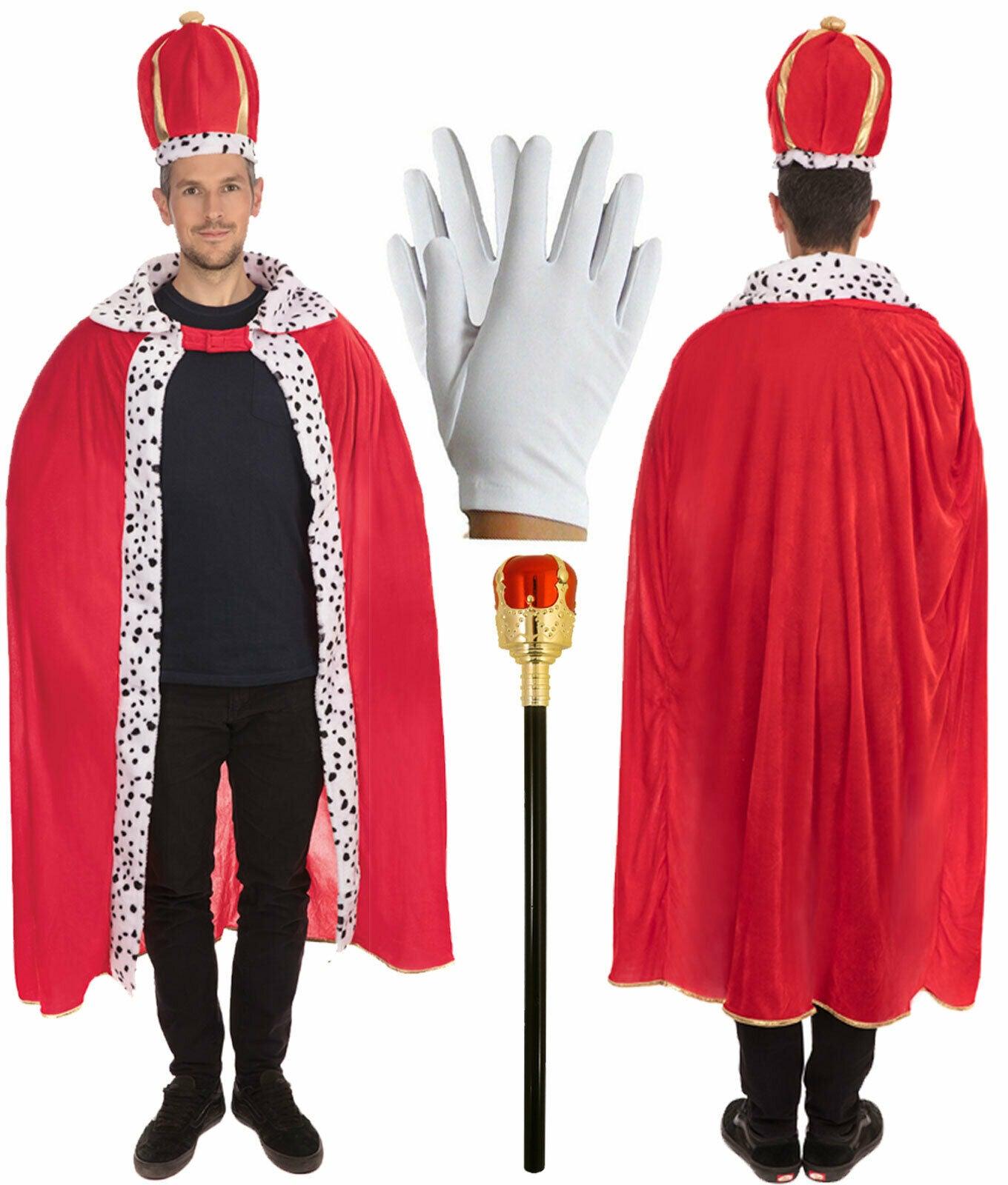 Royal King Robe / Cloak Hat White Gloves Plastic Sceptre Set Fancy Dress Costume - Labreeze