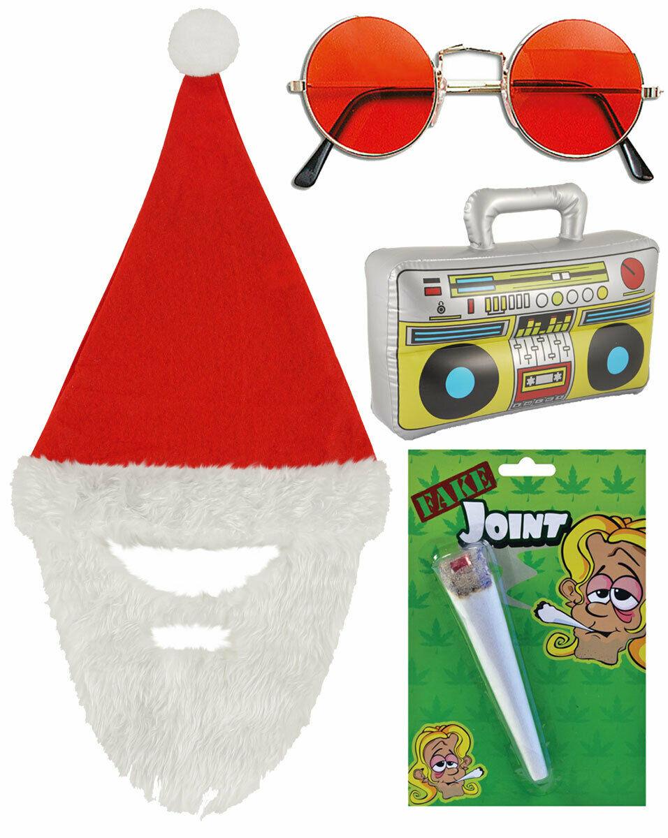 Santa Hat with Beard Boom Box Spliff Lennon Glasses Christmas Xmas Fancy Dress - Labreeze