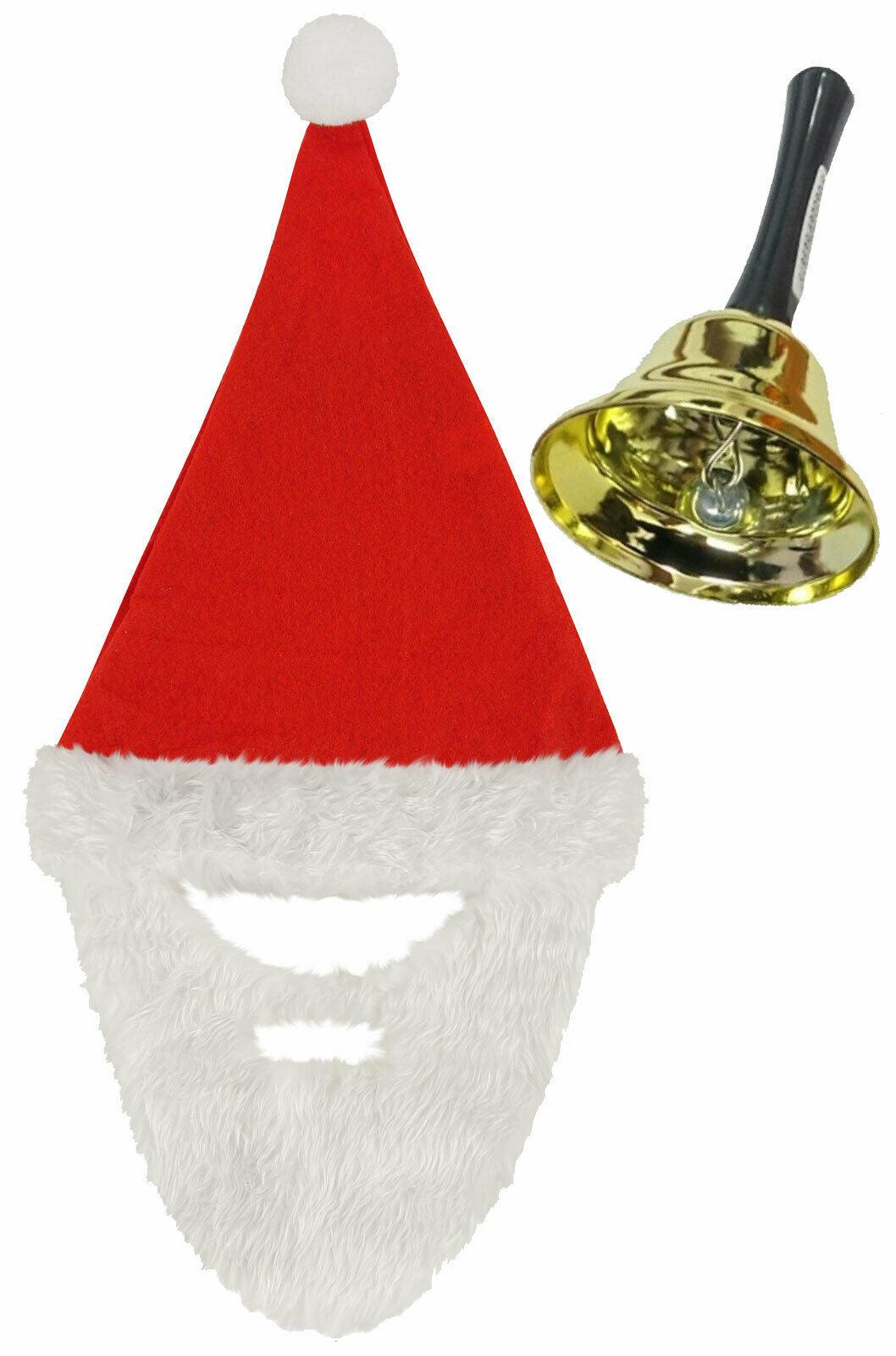 Santa Hat with Beard Gold Bell Christmas Xmas Party Fancy Dress Set - Labreeze