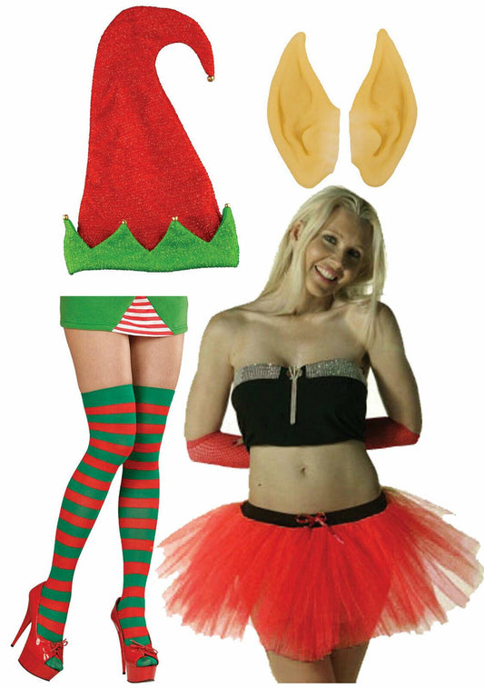 Santa Helper Sparkly Elf Hat Red Tutu Socks Ears Christmas Party Fancy Dress - Labreeze