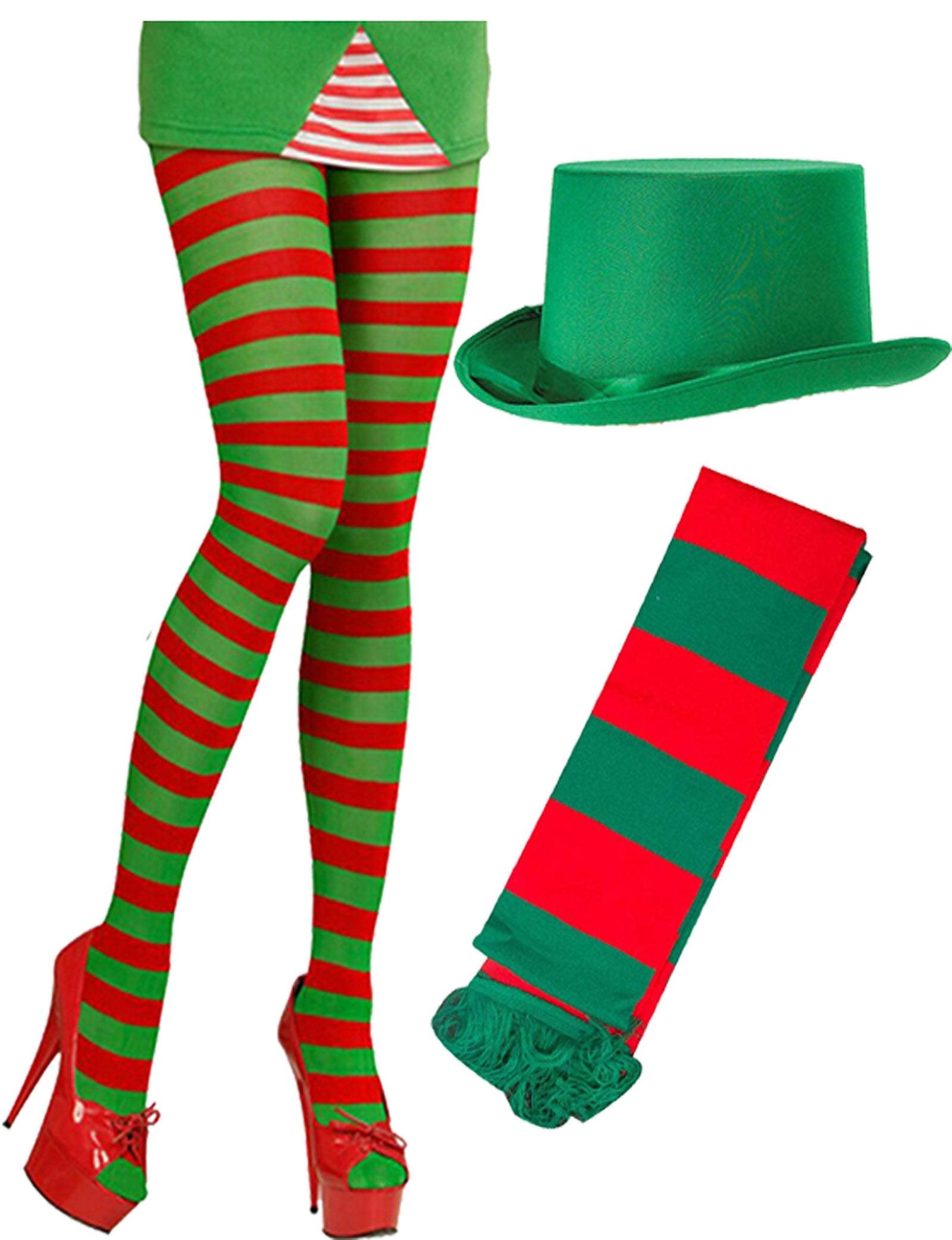 Santa Helper Striped Tights Satin Top Hat Scarf Christmas Fancy Dress - Labreeze