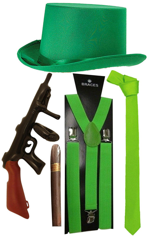 Satin Green Hat Braces Tie Cigar Tommy gun Fancy Costume Accessories lot - Labreeze