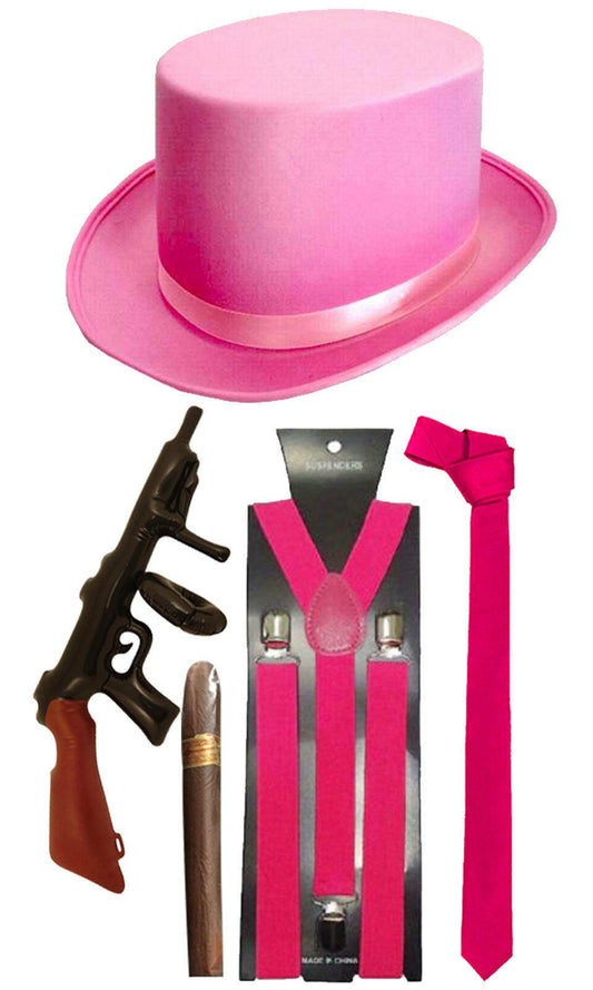 Satin Pink Hat Braces Tie Cigar Tommy gun Fancy Costume Accessories lot - Labreeze