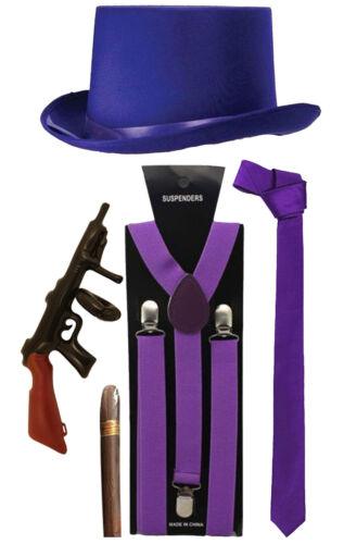 Satin Purple Hat Braces Tie Cigar Tommy gun Fancy Costume Accessories lot - Labreeze