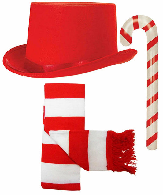 Satin Top Hat Red White Striped Scarf Candy Cane Christmas Snowman Fancy Dress - Labreeze