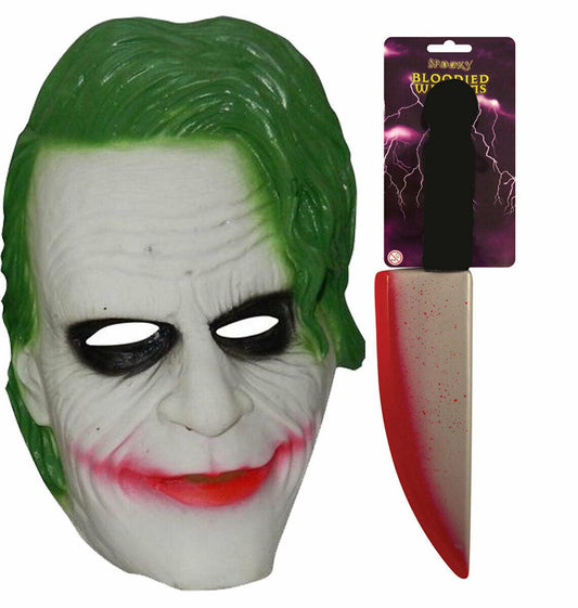 Scary Joker Green Hair Mask Blooded Knife Weapon Halloween Horror Fancy Dress - Labreeze