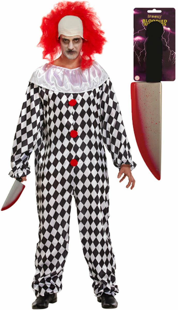 Scary Killer Clown Costume Blooded Knife Weapon Adults Halloween Fancy Dress - Labreeze