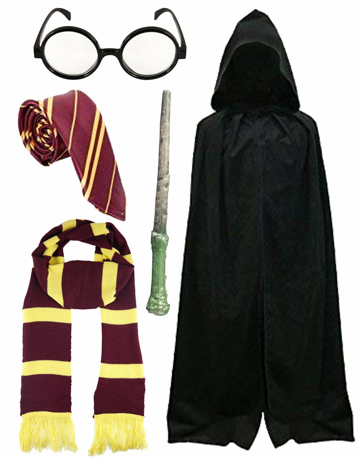 School Boy Wizard Fancy Dress Costume Cape, Tie, Scarf, Glasses, Wand Party Set - Labreeze