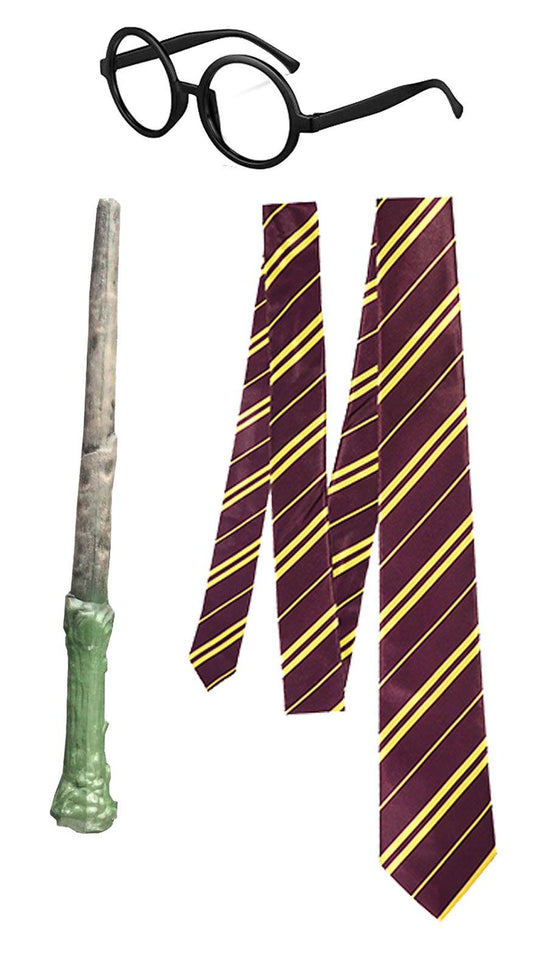 School Boy Wizard Glasses, Maroon Yellow Neck Tie, Magic Wand (without Sound) - World Book Day Fancy Dress - Labreeze