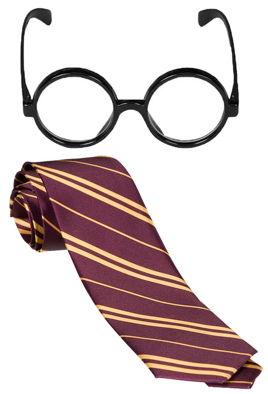School Boy Wizard Glasses Maroon Yellow Striped Tie World Book Day Fancy Dress - Labreeze