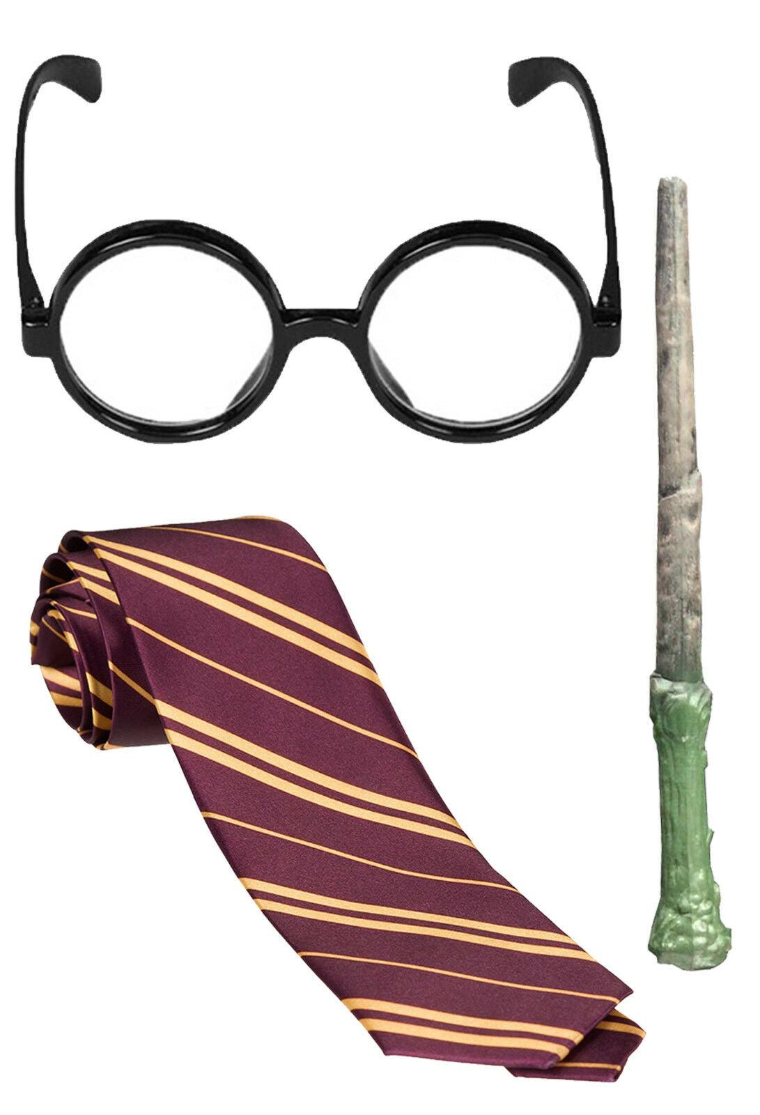 School Boy Wizard Glasses, Maroon Yellow Tie, and Wand - World Book Day Fancy Dress - Labreeze