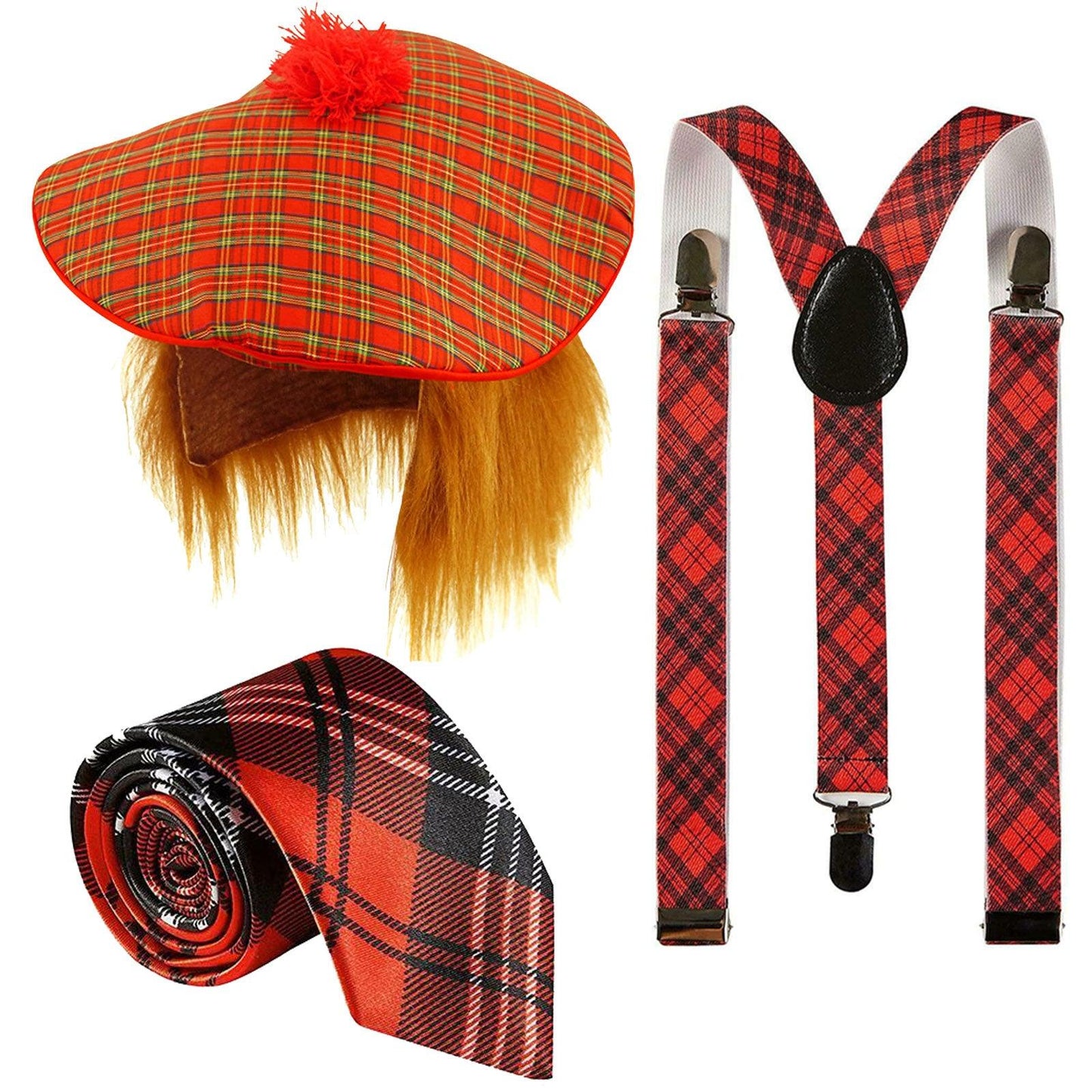 Scottish Hat with Hair Tartan Braces Neck Tie Burns Night Party - Labreeze