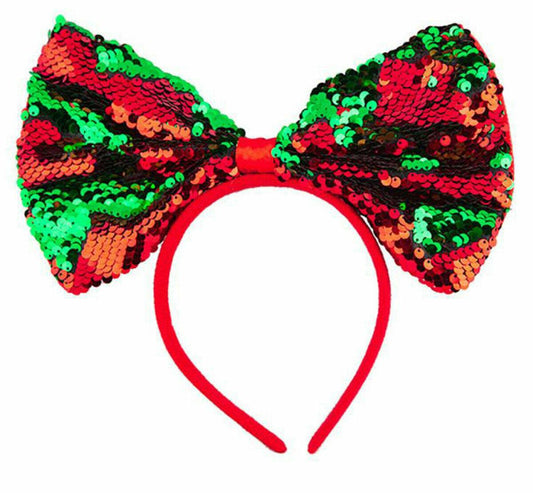 Sequin Christmas Bow on Headband Ladies Red Shiny Novelty Xmas Fancy Dress - Labreeze