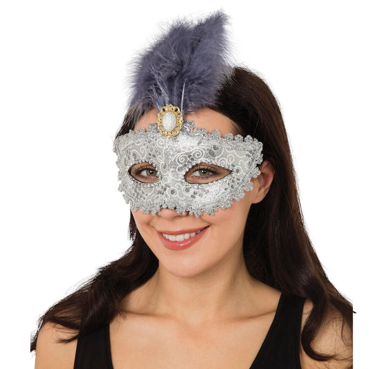 Silver Gilted with Tall Feather with Stone Eye Face Mask - Labreeze
