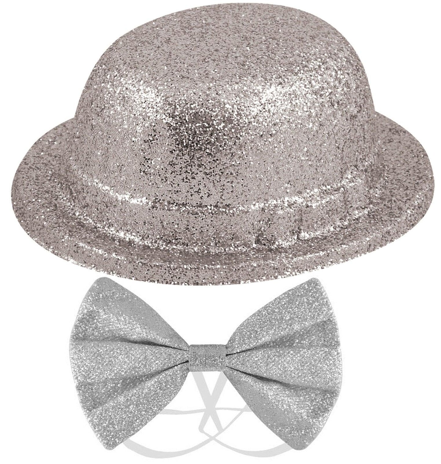 Silver Sparkly Plastic Glitter Bowler Hat with Dicky Dickie Bow Tie Fancy Dress - Labreeze