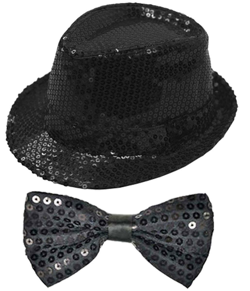 Sparkling Black Sequin Hat Braces Dicky DickieBow Tie Fancy Party Accessory Set - Labreeze