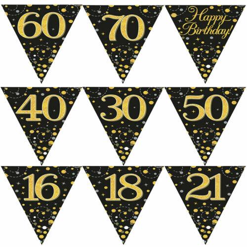 Sparkling Fizz Happy Birthday Holographic Bunting Black Gold Party Decoration - Labreeze