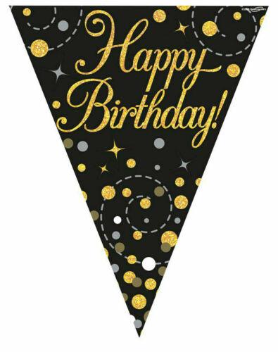 Sparkling Fizz Happy Birthday Holographic Bunting Black Gold Party Decoration - Labreeze
