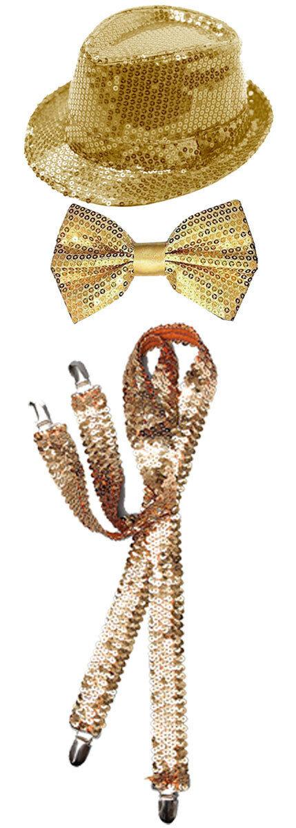 Sparkling Gold Sequin Hat Braces Dicky Dickie Bow Tie Fancy Party Accessory Set - Labreeze