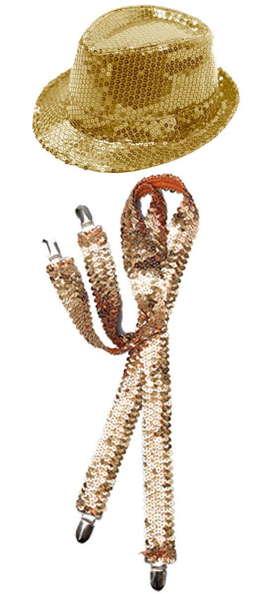 Sparkling Gold Sequin Hat Braces Dicky Dickie Bow Tie Fancy Party Accessory Set - Labreeze