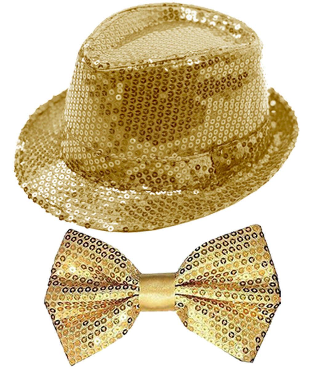 Sparkling Gold Sequin Hat Braces Dicky Dickie Bow Tie Fancy Party Accessory Set - Labreeze
